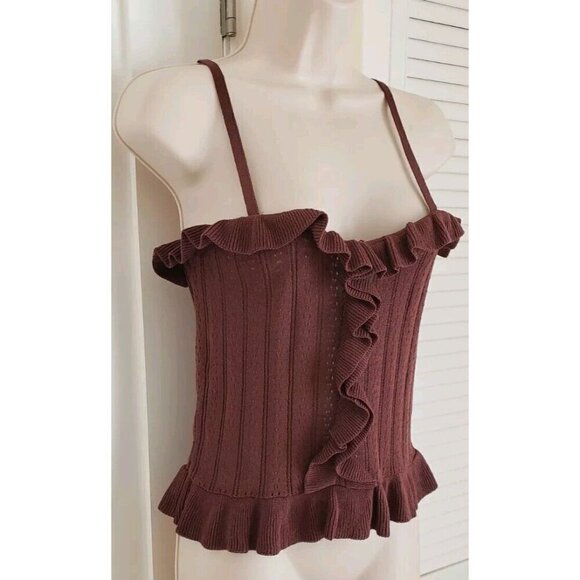 NEW ZARA CHOCOLATE POINTELLE KNIT RUFFLE CAMI TOP SZ MEDIUM - Picture 3 of 6